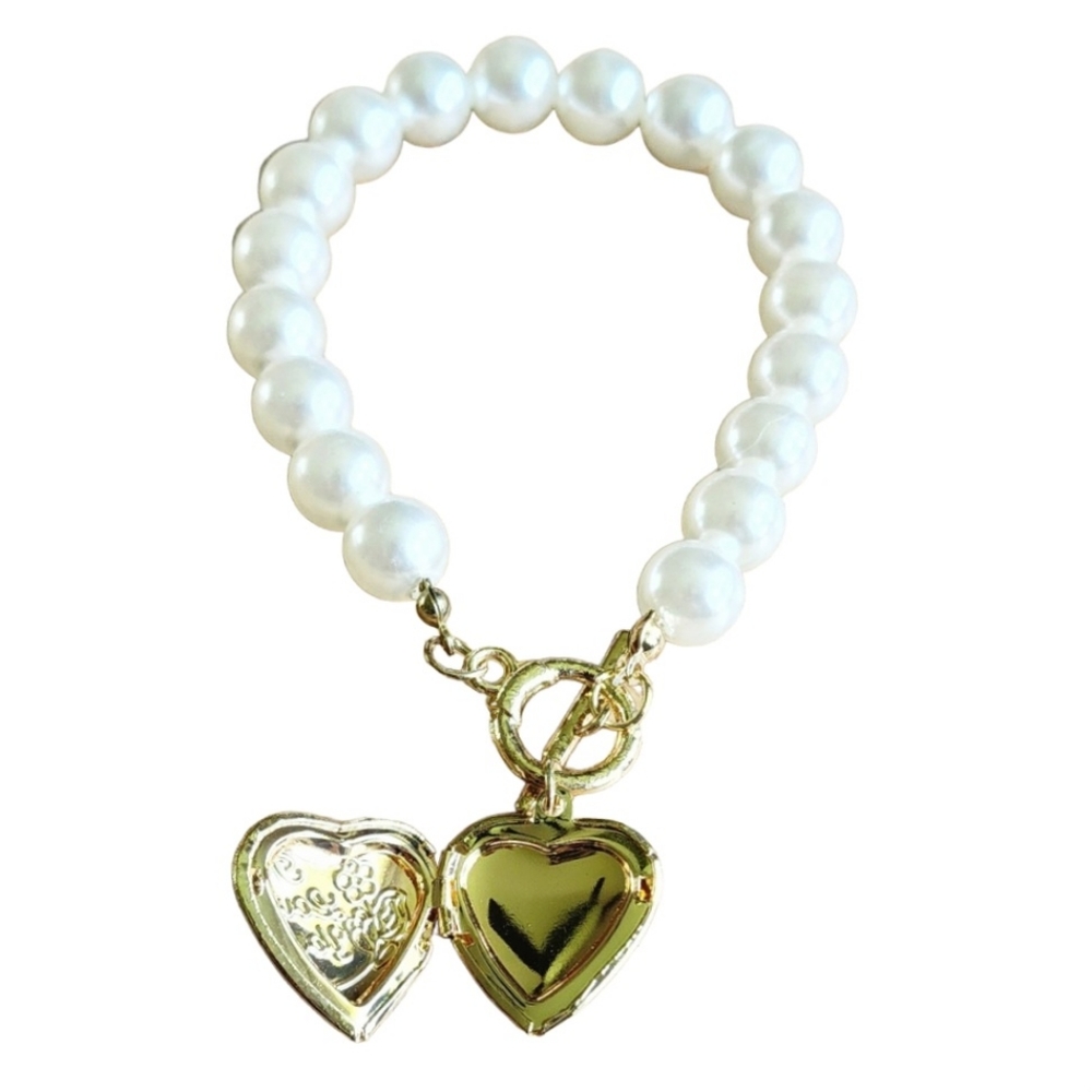 Gold Heart Locket White Pearl Bangle Bracelet Toggle Clasp I Love You Inscribed